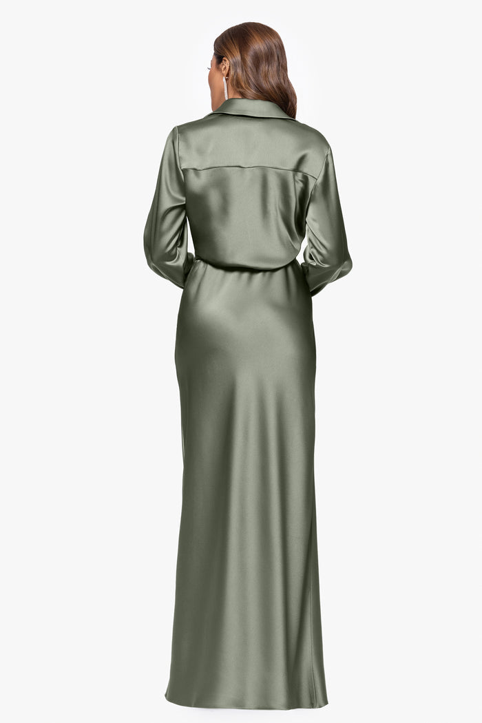 Olive Petite “Emery” Satin Long Sleeve Collared Dress, back view