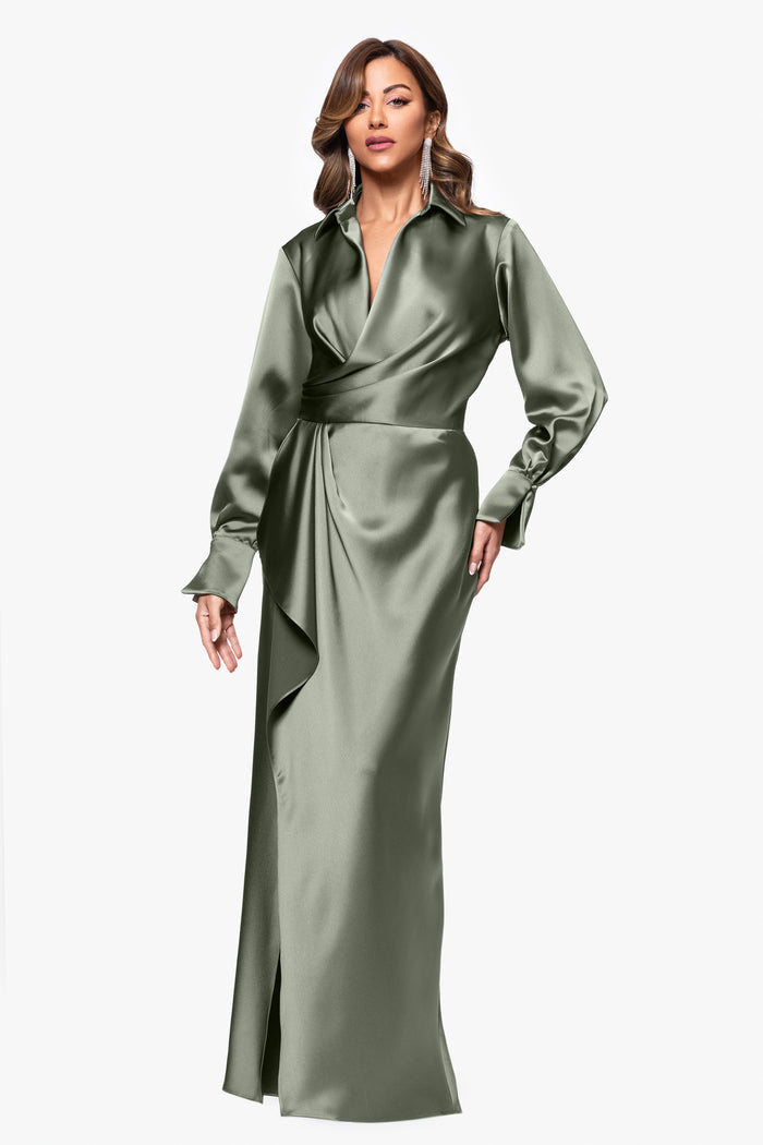 Olive Petite “Emery” Satin Long Sleeve Collared Dress, front view