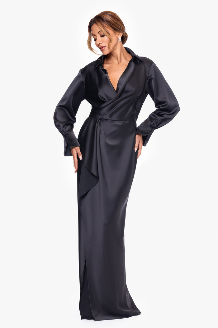 Black Petite “Emery” Satin Long Sleeve Collared Dress, alternate front view