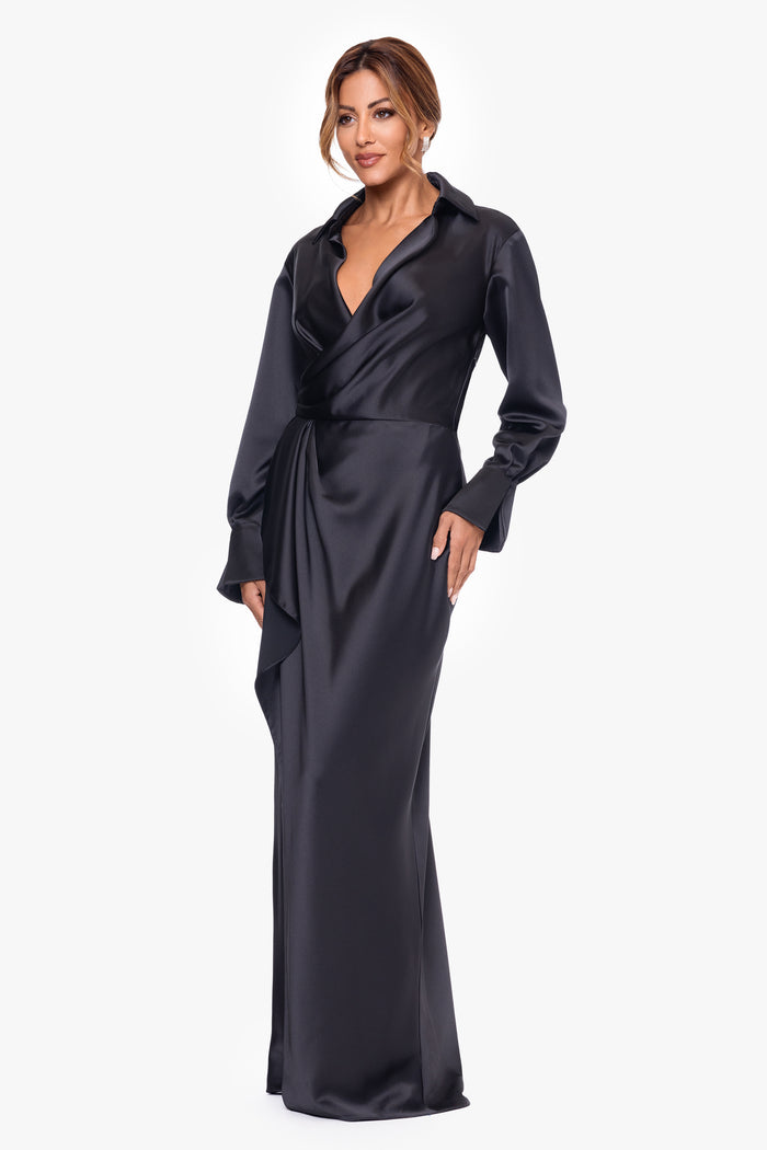 Black Petite “Emery” Satin Long Sleeve Collared Dress, angled three-quarter view
