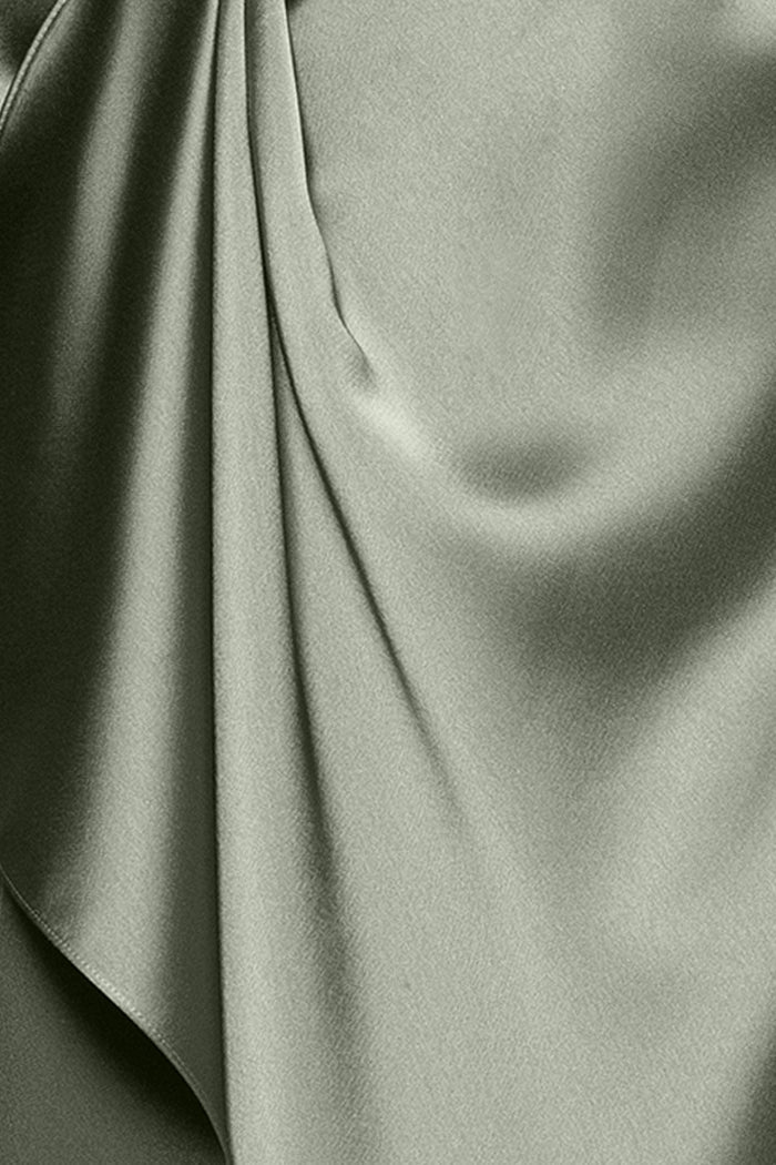 Olive Petite “Emery” Satin Long Sleeve Collared Dress, satin fabric detail