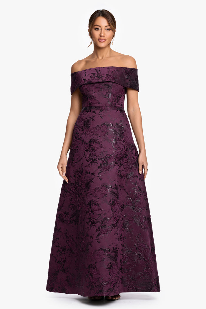 Petite "Emily" Printed Brocade Off The Shoulder Gown