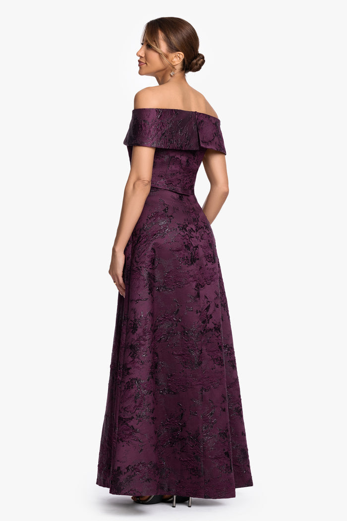 Petite "Emily" Printed Brocade Off The Shoulder Gown