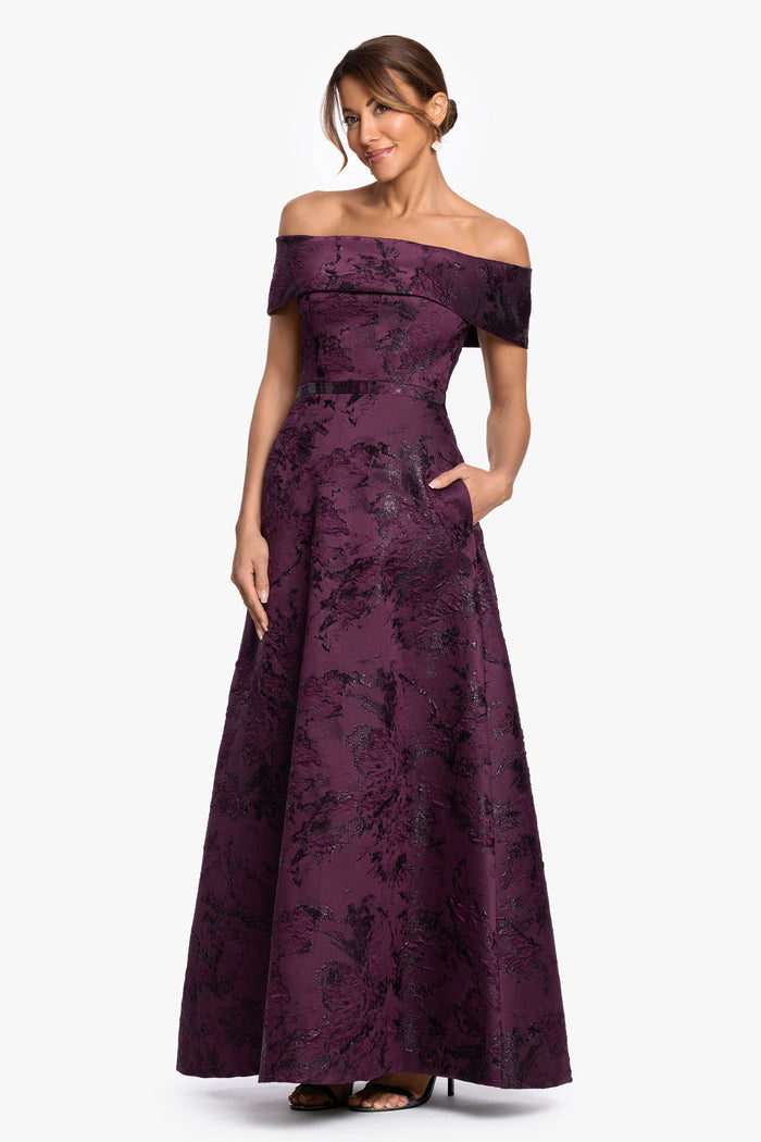 Petite "Emily" Printed Brocade Off The Shoulder Gown