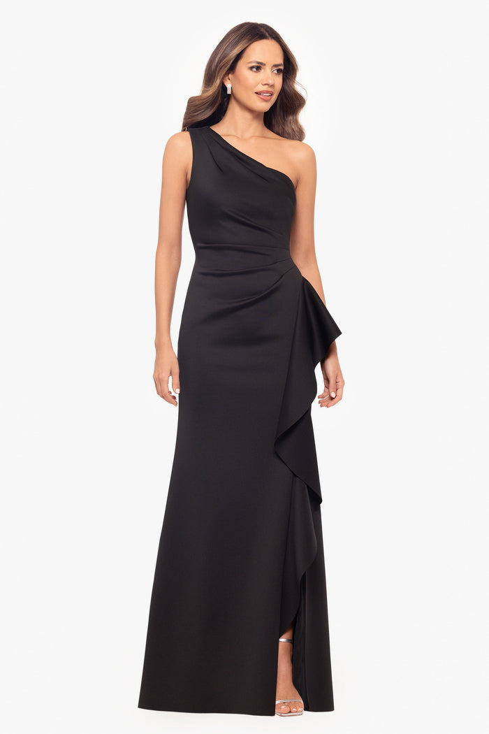 Black Petite “Flo” Techno Scuba One Shoulder Ruffle Dress, front view