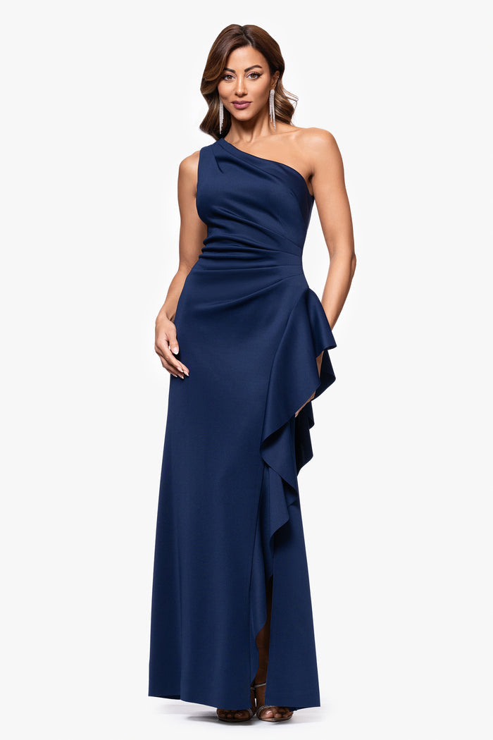Midnight Petite “Flo” Techno Scuba One Shoulder Ruffle Dress, front view