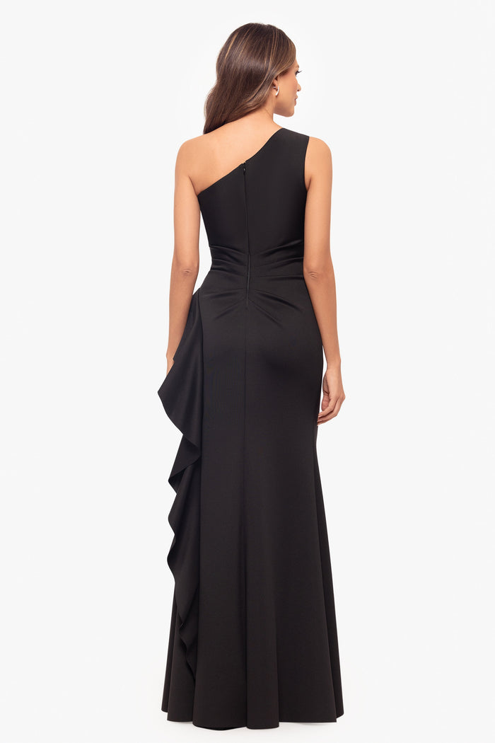 Black Petite “Flo” Techno Scuba One Shoulder Ruffle Dress, back view