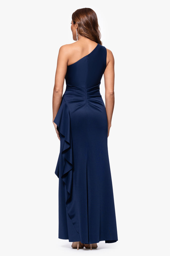 Midnight Petite “Flo” Techno Scuba One Shoulder Ruffle Dress, back view