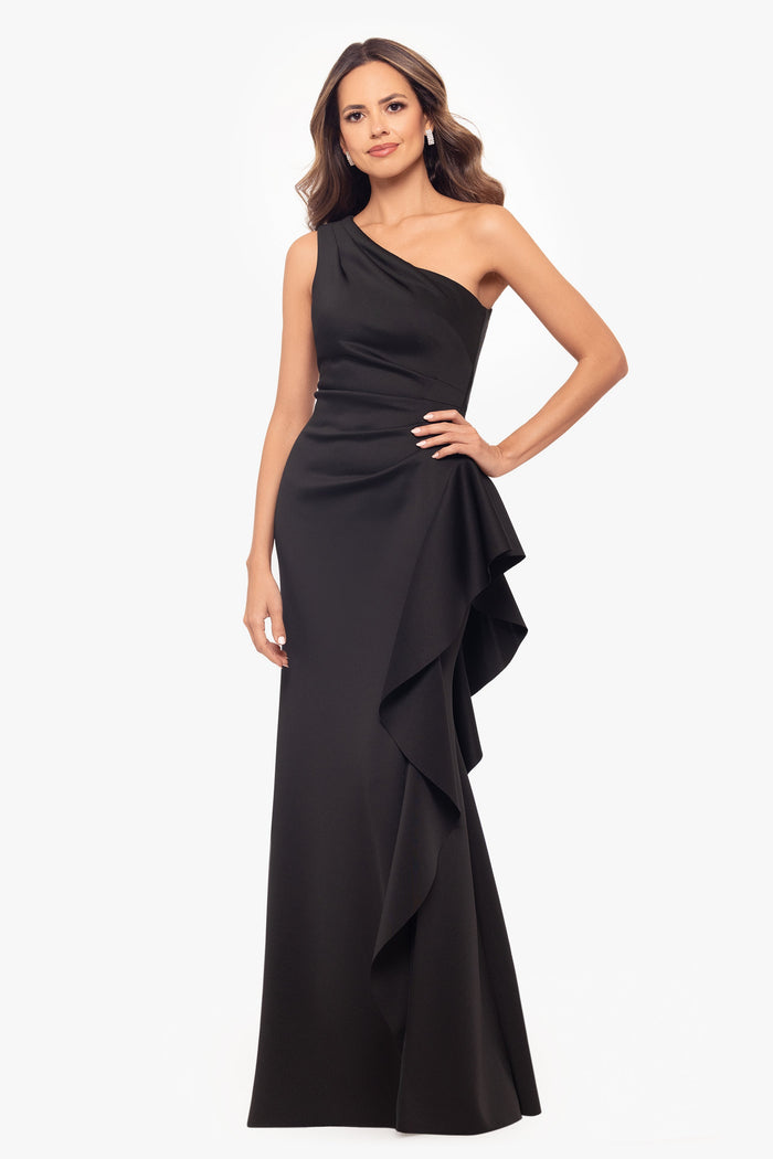 Black Petite “Flo” Techno Scuba One Shoulder Ruffle Dress, alternate front view with side slit