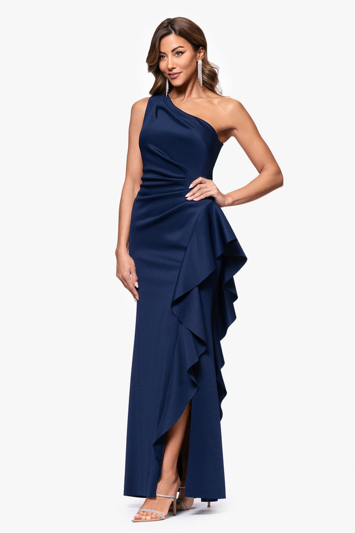 Midnight Petite “Flo” Techno Scuba One Shoulder Ruffle Dress, alternate front view with side slit