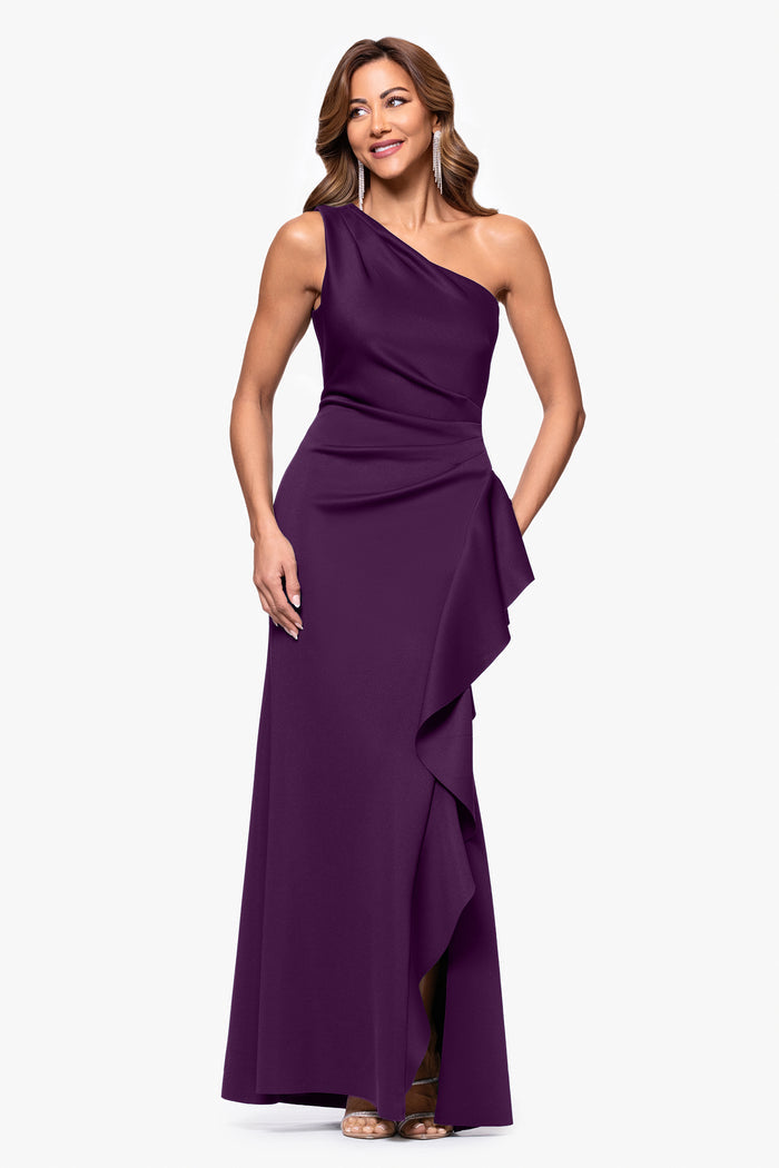 Plum Petite “Flo” Techno Scuba One Shoulder Ruffle Dress, front view