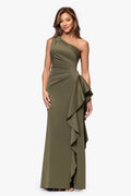 Olive Petite “Flo” Techno Scuba One Shoulder Ruffle Dress, front view