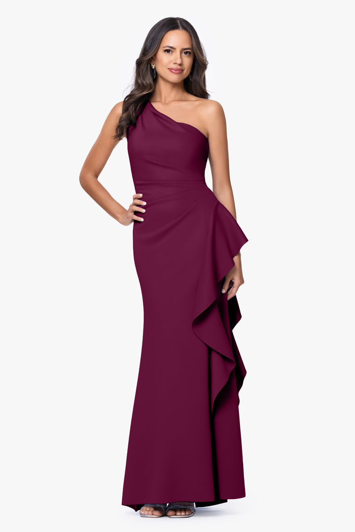 Raisin Petite “Flo” Techno Scuba One Shoulder Ruffle Dress, front view