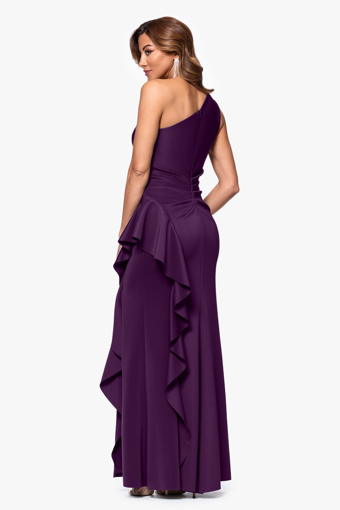 Plum Petite “Flo” Techno Scuba One Shoulder Ruffle Dress, back view