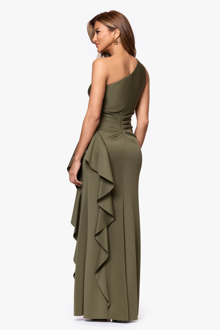 Olive Petite “Flo” Techno Scuba One Shoulder Ruffle Dress, back view