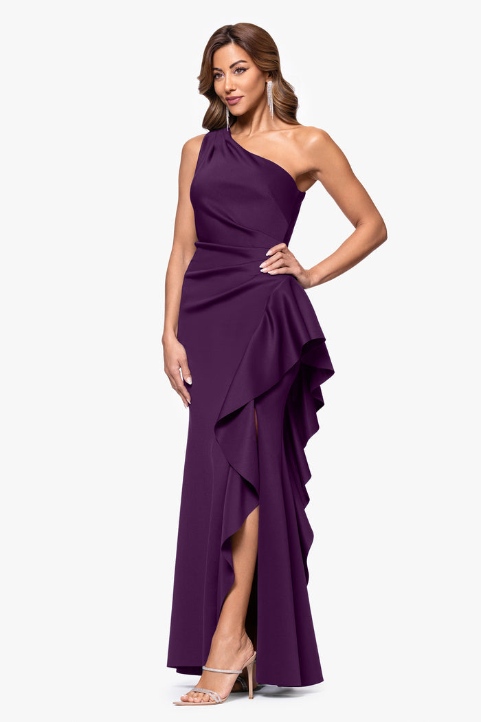 Plum Petite “Flo” Techno Scuba One Shoulder Ruffle Dress, alternate front view with side slit