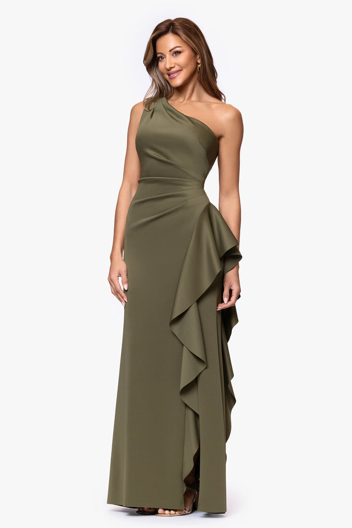 Olive Petite “Flo” Techno Scuba One Shoulder Ruffle Dress, alternate front view with side slit