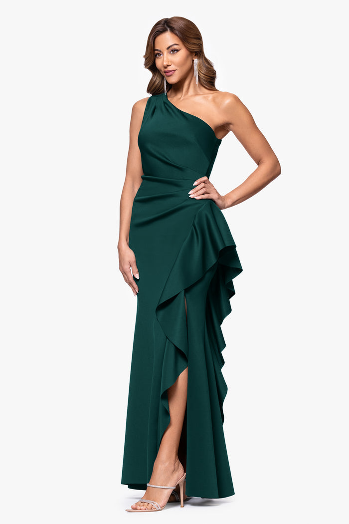 Hunter Petite “Flo” Techno Scuba One Shoulder Ruffle Dress, alternate front view with side slit