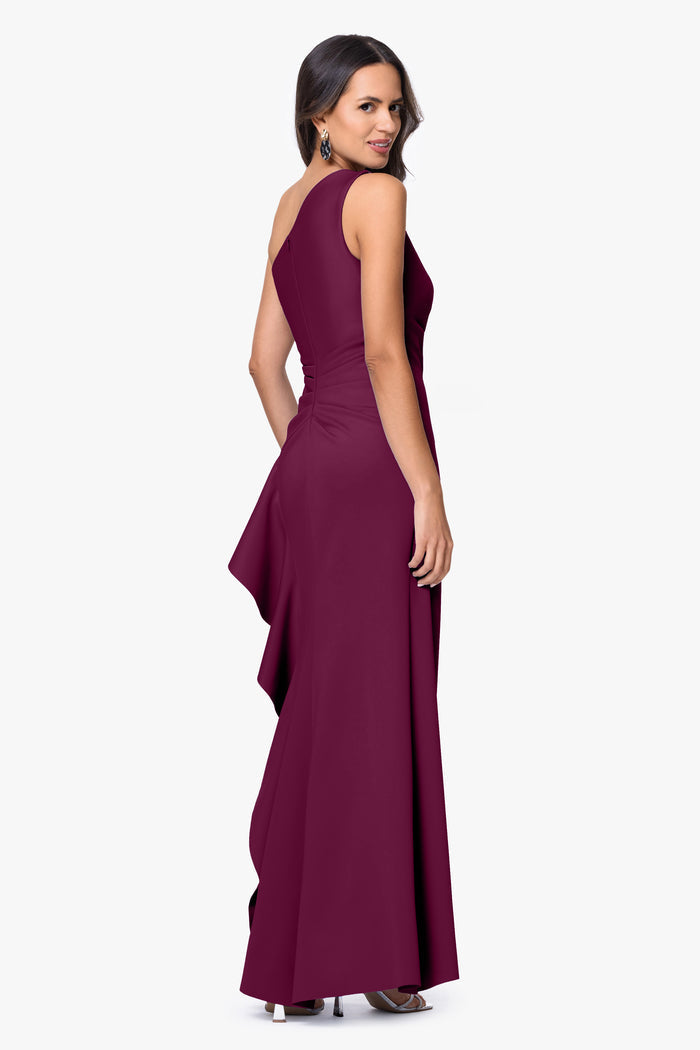 Raisin Petite “Flo” Techno Scuba One Shoulder Ruffle Dress, back view