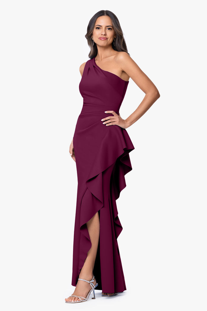 Raisin Petite “Flo” Techno Scuba One Shoulder Ruffle Dress, alternate front view with side slit