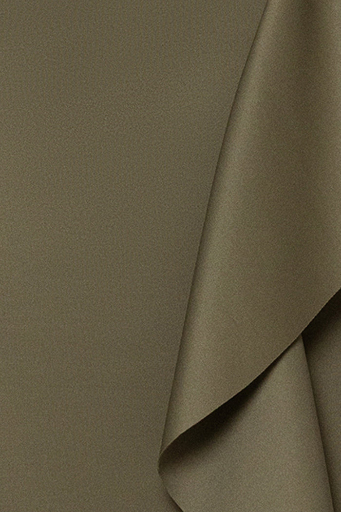 Olive Petite “Flo” Techno Scuba One Shoulder Ruffle Dress, techno scuba fabric and ruffle detail