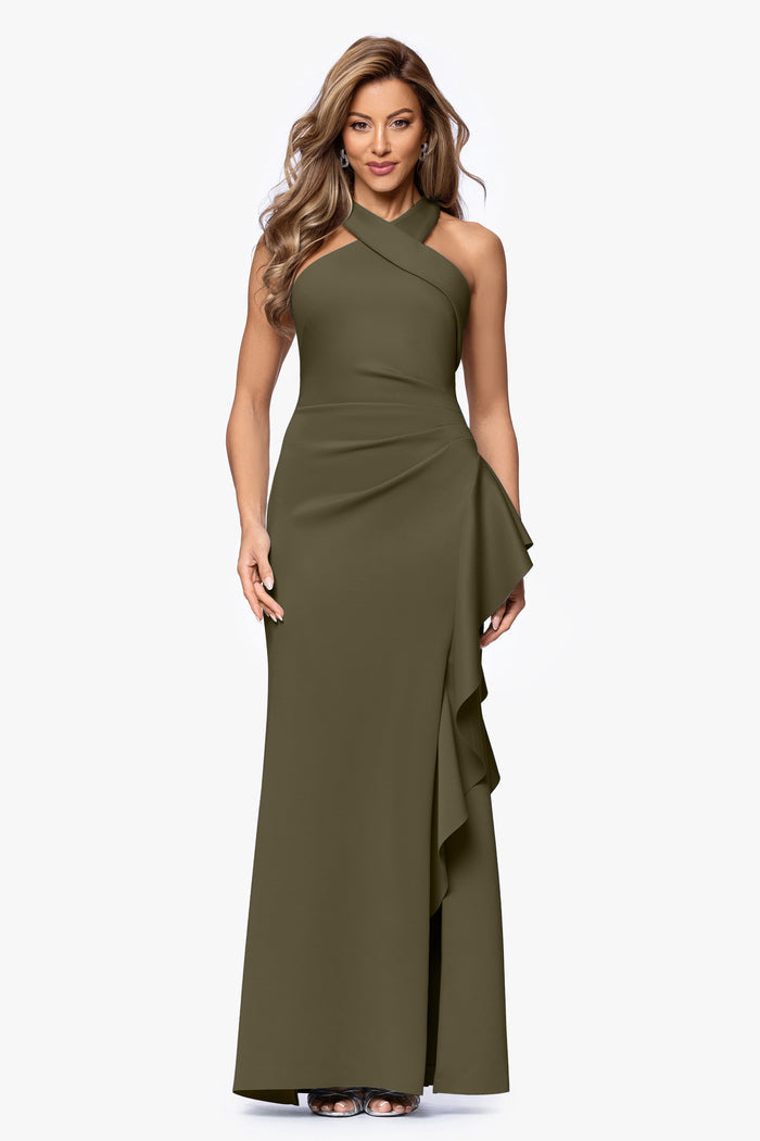 Olive Petite “Gigi” Techno Scuba Cross Neck Dress, front view
