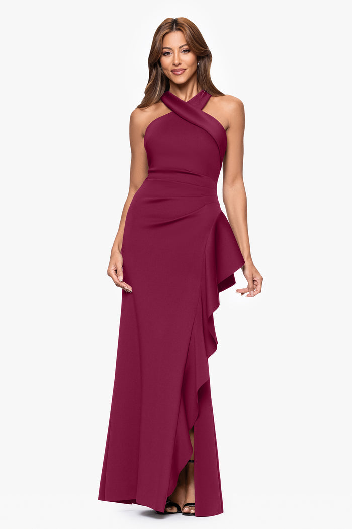 Wine Petite “Gigi” Techno Scuba Cross Neck Dress, front view