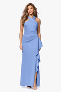 Slate Petite “Gigi” Techno Scuba Cross Neck Dress, alternate front view with side slit