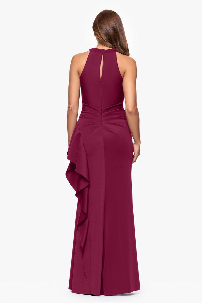 Wine Petite “Gigi” Techno Scuba Cross Neck Dress, back view