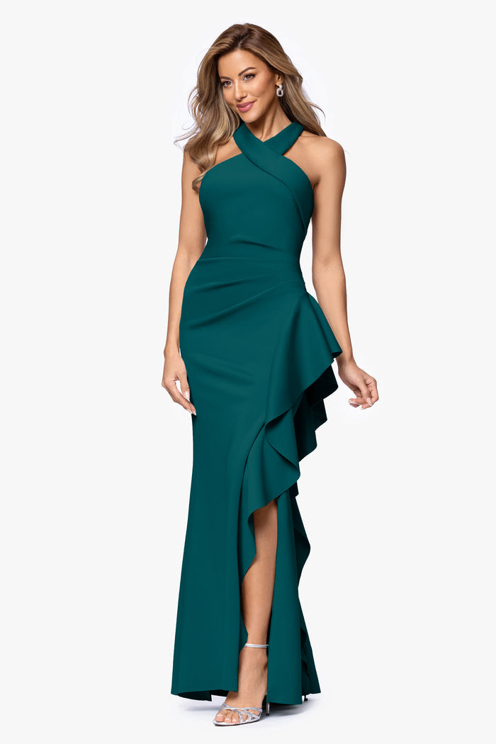 Hunter Petite “Gigi” Techno Scuba Cross Neck Dress, angled three-quarter view with cascading side ruffle