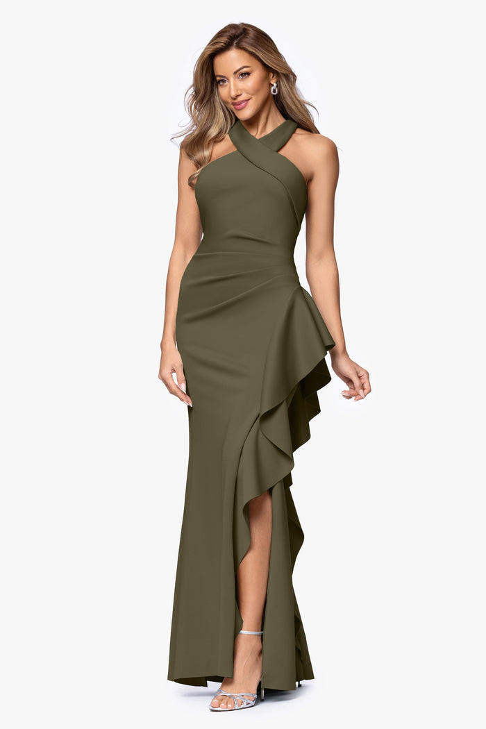 Olive Petite “Gigi” Techno Scuba Cross Neck Dress, angled three-quarter view with cascading side ruffle