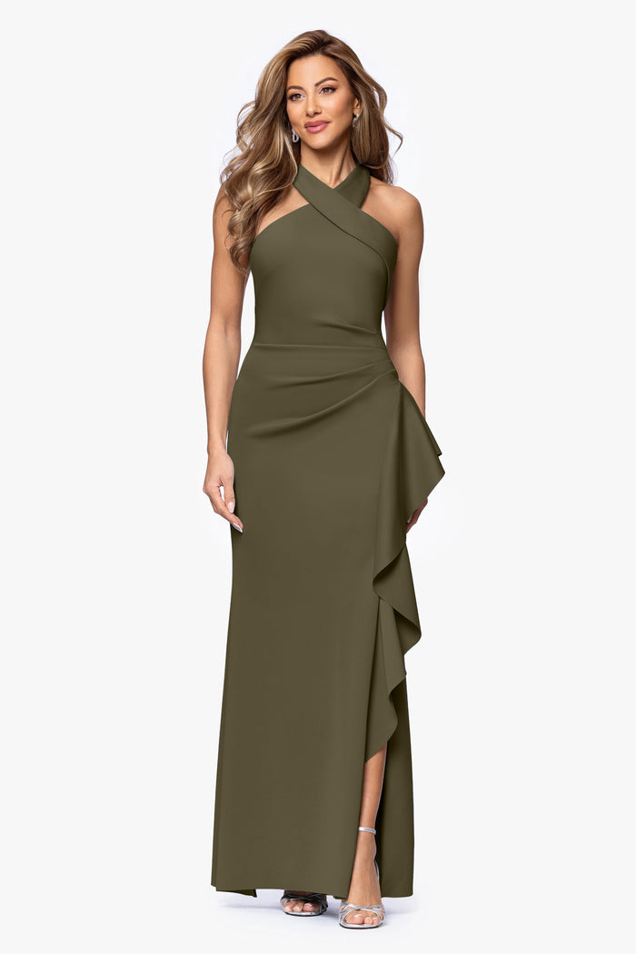 Olive Petite “Gigi” Techno Scuba Cross Neck Dress, alternate front view with side slit
