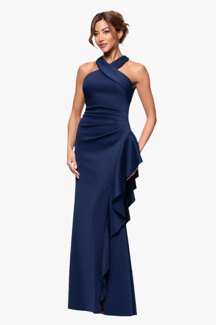 Midnight Petite “Gigi” Techno Scuba Cross Neck Dress, angled three-quarter view with cascading side ruffle