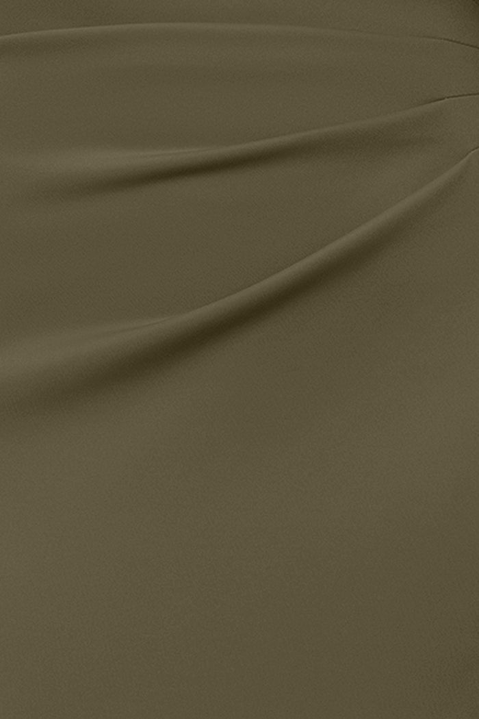 Olive Petite “Gigi” Techno Scuba Cross Neck Dress, techno scuba fabric and ruching detail