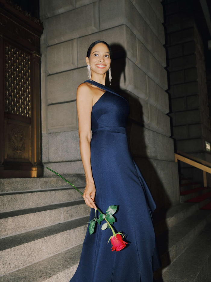 Midnight Petite “Gigi” Techno Scuba Cross Neck Dress, editorial side view with skirt movement