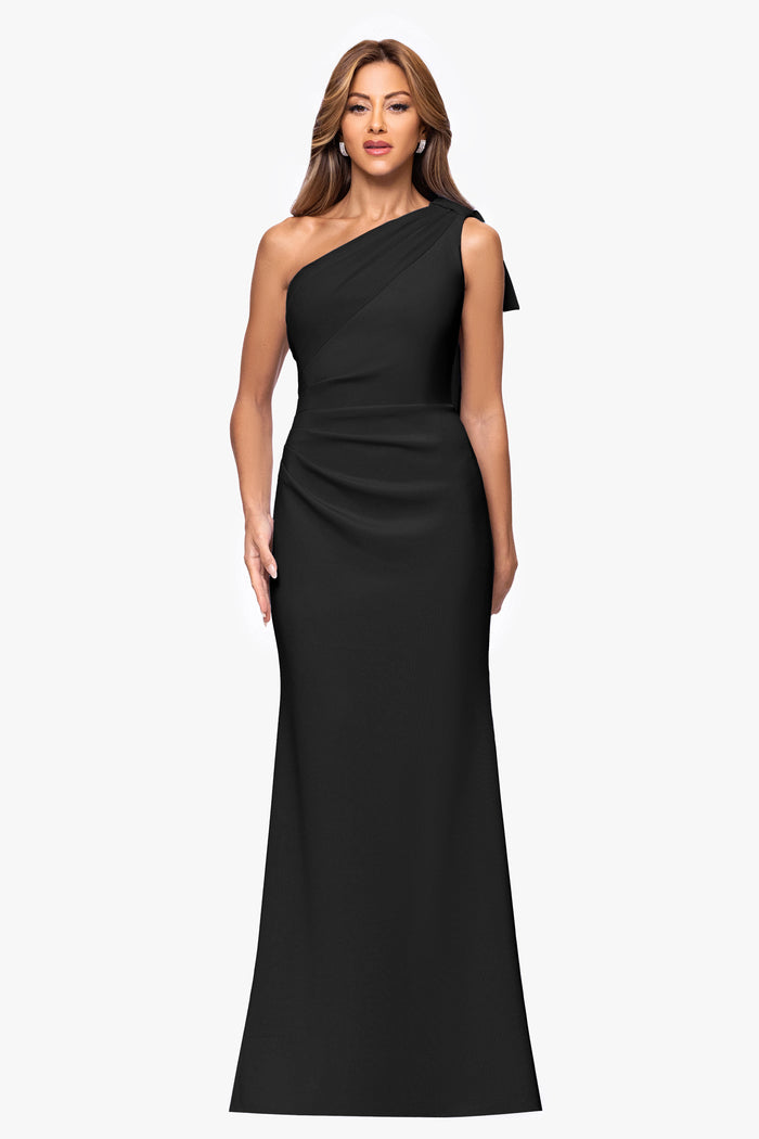Black Petite “Gwen” Techno Scuba One Shoulder Sash Dress, front view