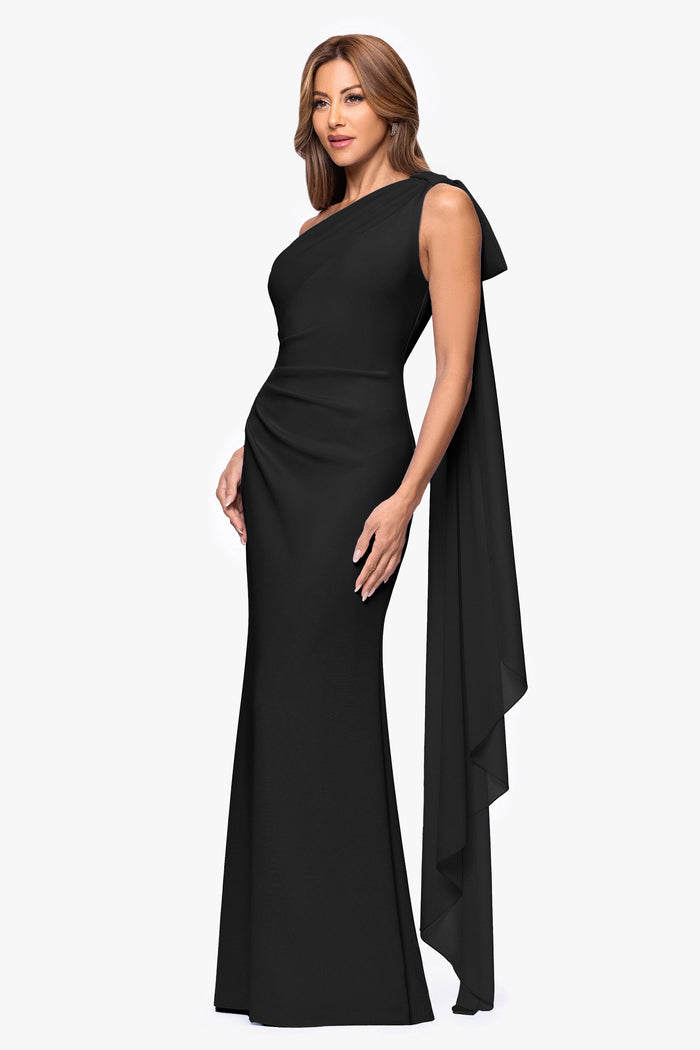 Black Petite “Gwen” Techno Scuba One Shoulder Sash Dress, angled three-quarter view