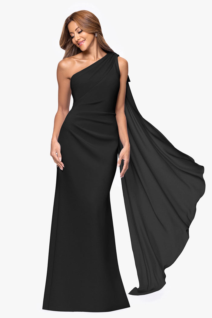 Black Petite “Gwen” Techno Scuba One Shoulder Sash Dress, alternate front view showing sash movement