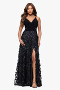 Black Petite “Iris” Jersey Knit V-Neck Raised Flower Dress, front view with thigh-high slit