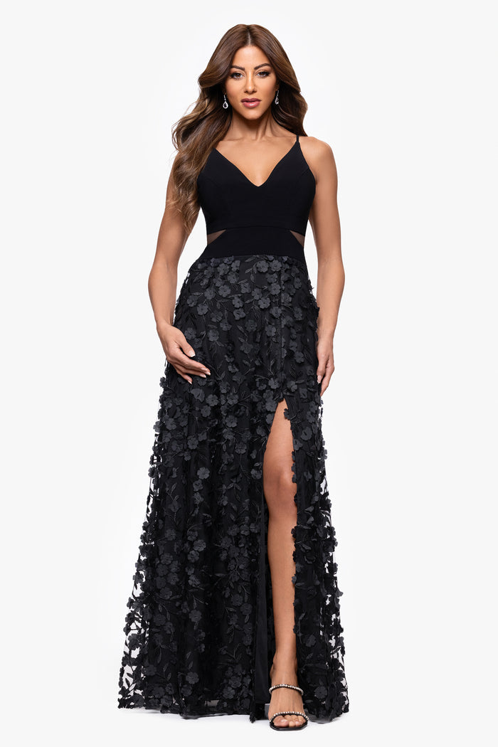 Black Petite “Iris” Jersey Knit V-Neck Raised Flower Dress, front view with thigh-high slit