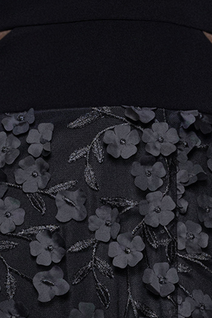 Black “Iris” Jersey Knit V-Neck Raised Flower Dress, raised floral appliqué fabric detail