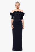 Black Petite “Isla” Scuba Crepe Off the Shoulder Ruffle Dress, front view