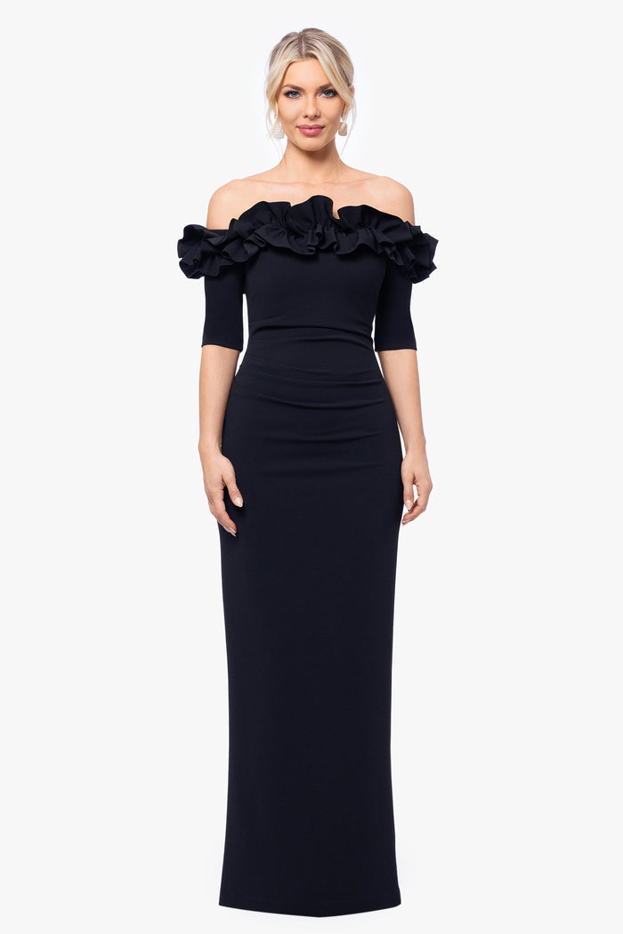 Black Petite “Isla” Scuba Crepe Off the Shoulder Ruffle Dress, front view