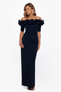 Navy Petite “Isla” Scuba Crepe Off the Shoulder Ruffle Dress, front view