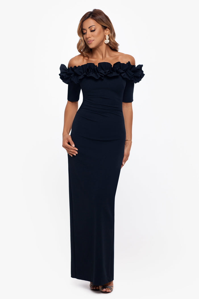 Navy Petite “Isla” Scuba Crepe Off the Shoulder Ruffle Dress, front view