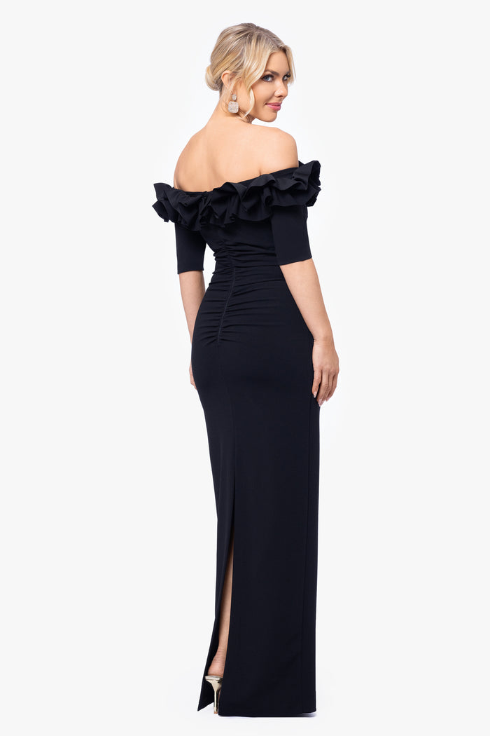 Black Petite “Isla” Scuba Crepe Off the Shoulder Ruffle Dress, back view with slit