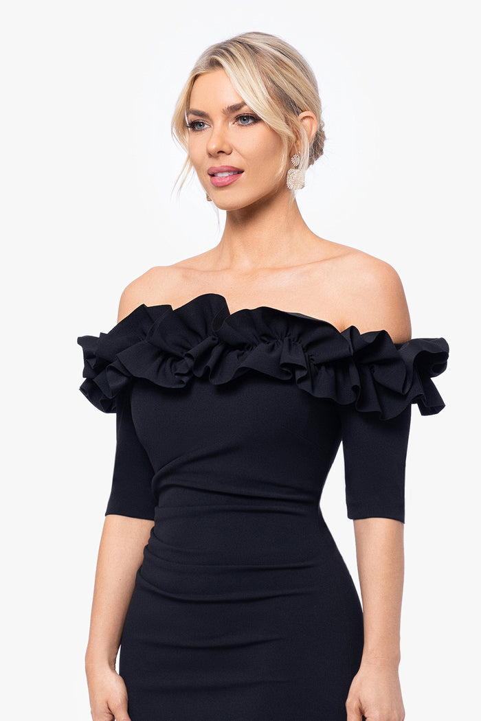 Black Petite “Isla” Scuba Crepe Off the Shoulder Ruffle Dress, off-the-shoulder neckline and layered ruffle detail