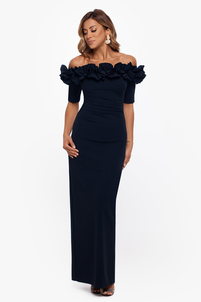Navy Petite “Isla” Scuba Crepe Off the Shoulder Ruffle Dress, front view