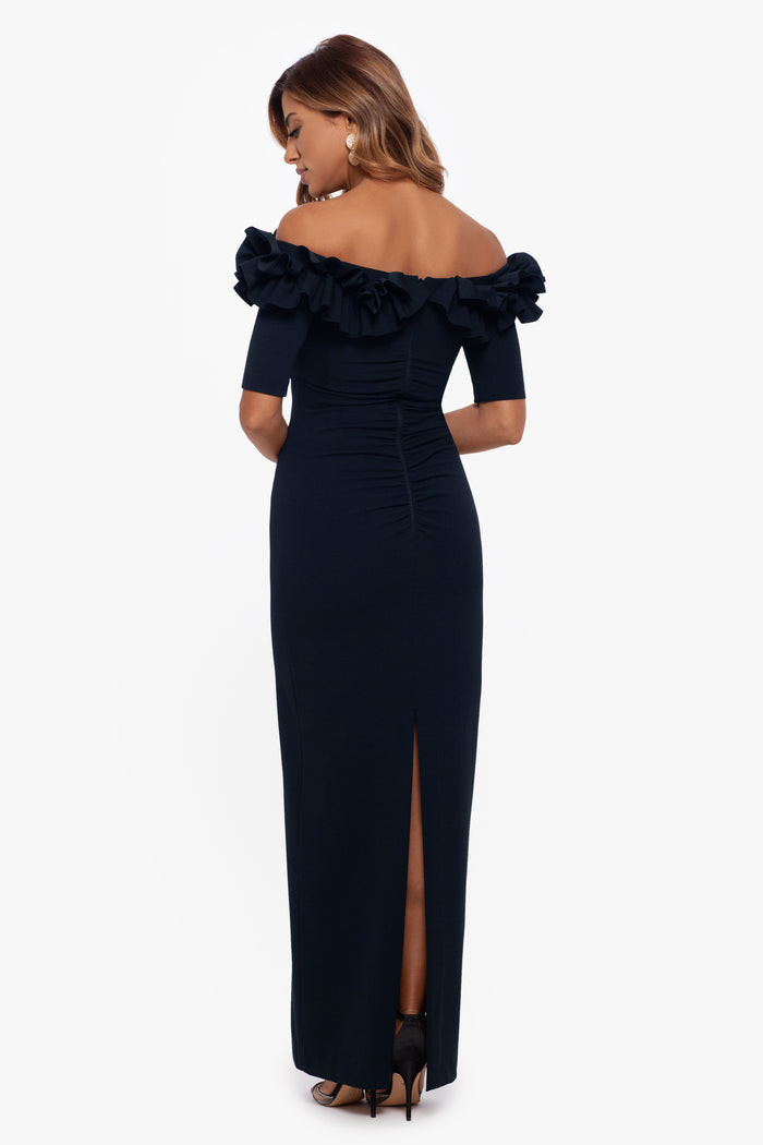 Navy Petite “Isla” Scuba Crepe Off the Shoulder Ruffle Dress, front view