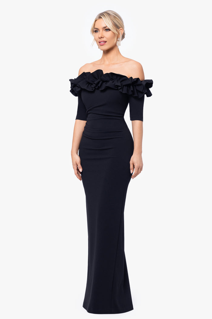 Black Petite “Isla” Scuba Crepe Off the Shoulder Ruffle Dress, alternate front view
